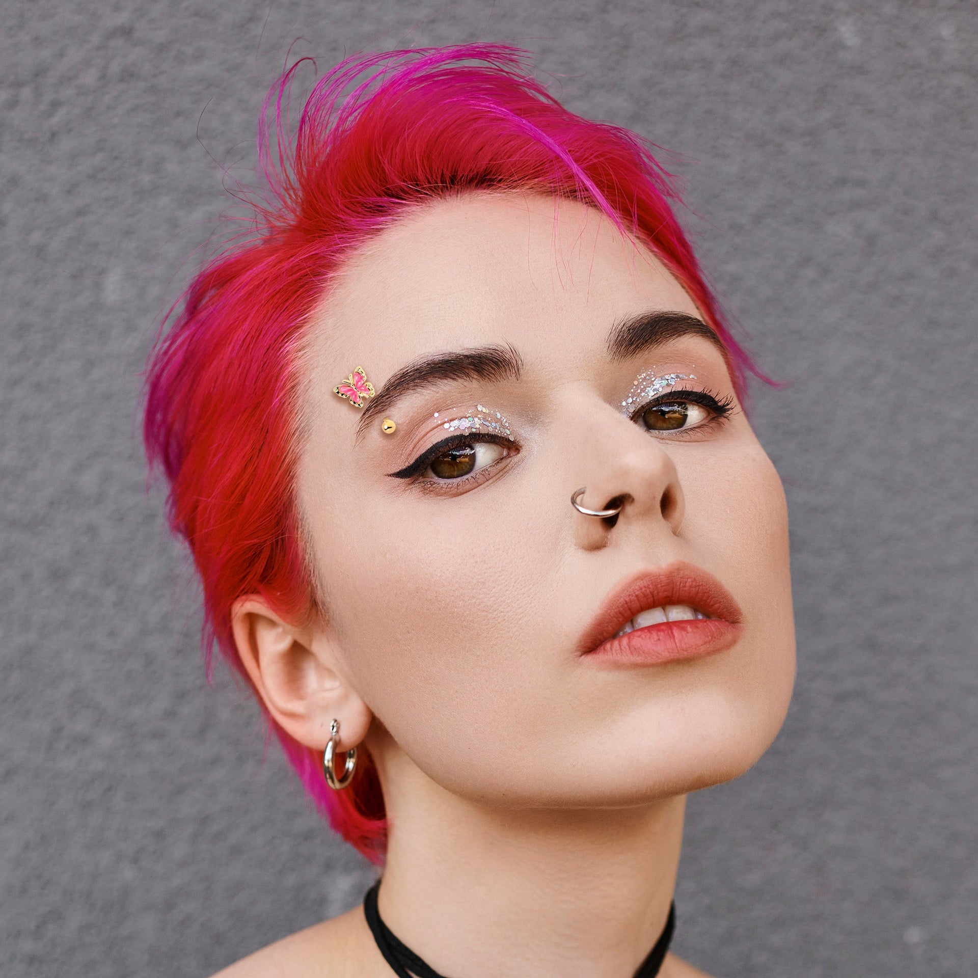 16G 5/16 Gold Tone Butterfly Pink Splash Curved Eyebrow Ring