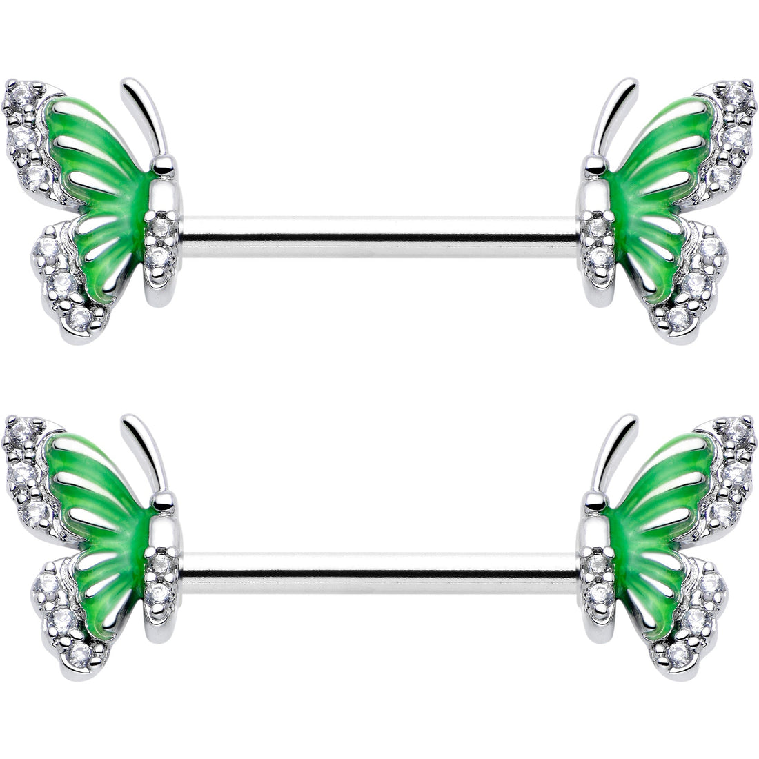 14G 9/16 Clear CZ Gem Butterfly Green Barbell Nipple Ring Set