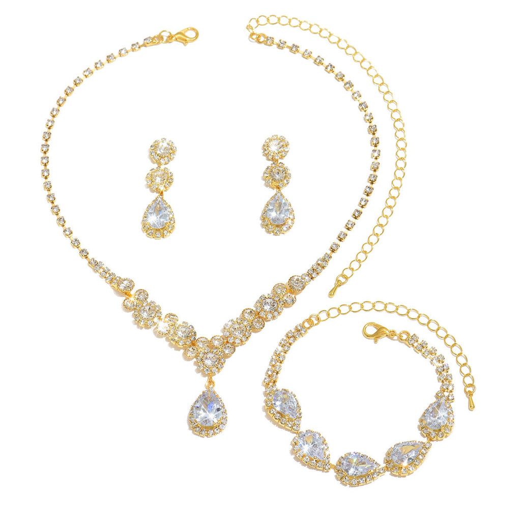 Women 3 Pcs Gold Tone Rhinestone Jewelry Set,Necklace Dangle Earrings Bracelet,Luxurious Bridal Costume Accessories For Wedding Banquet Party Occasion