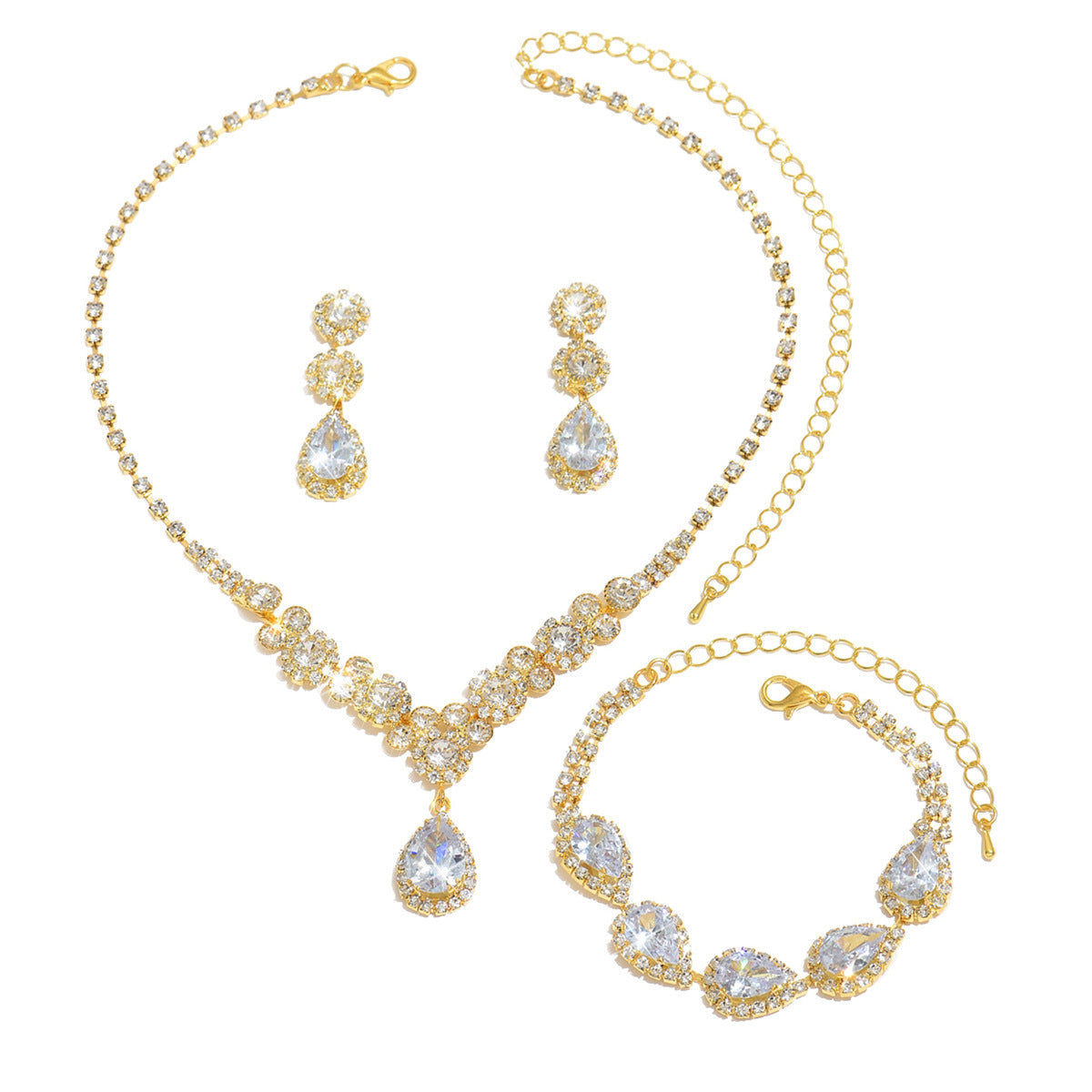 Women 3 Pcs Gold Tone Rhinestone Jewelry Set,Necklace Dangle Earrings Bracelet,Luxurious Bridal Costume Accessories For Wedding Banquet Party Occasion