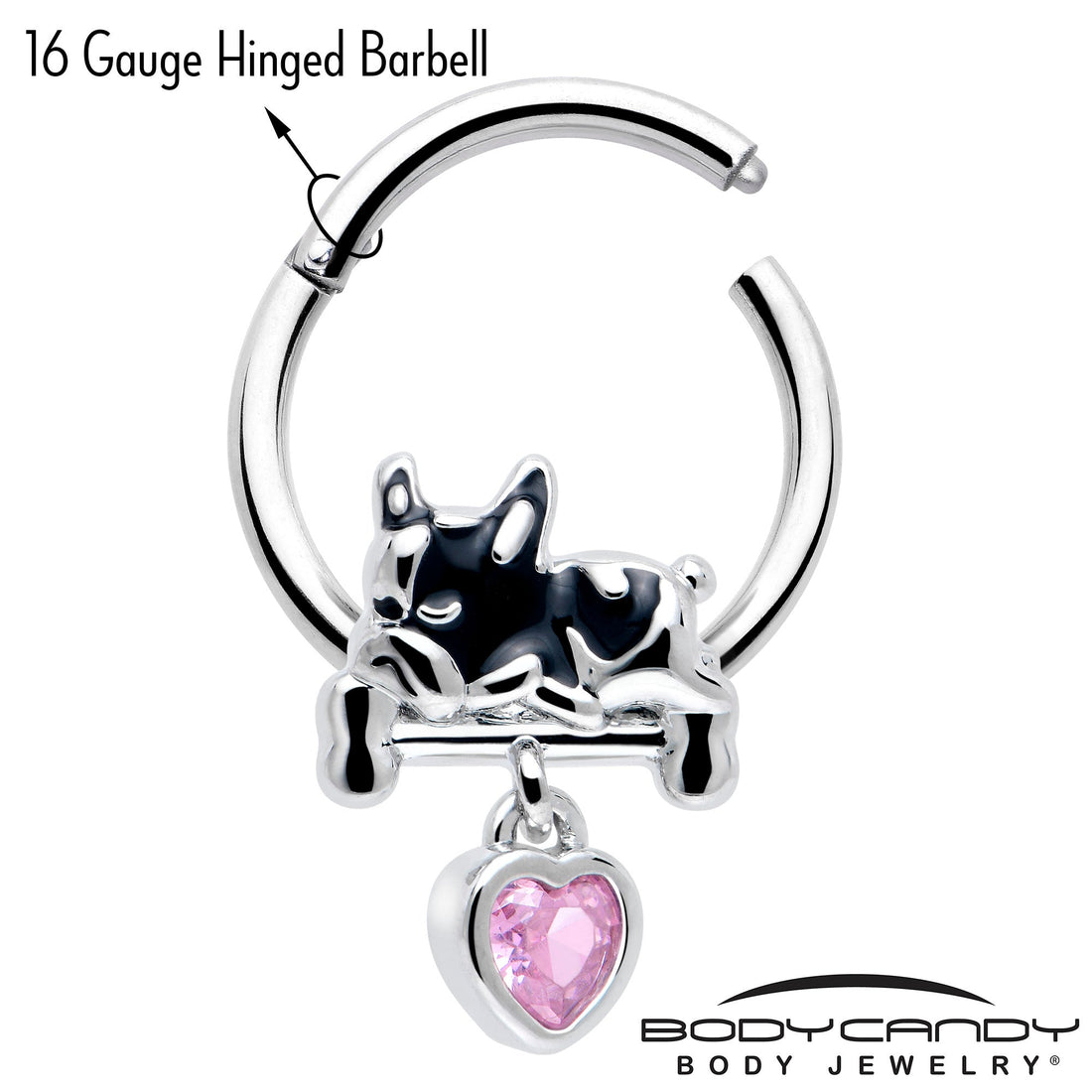 16G 3/8 Pink CZ Gem Sleepy French Bulldog Dangle Hinged Segment Ring