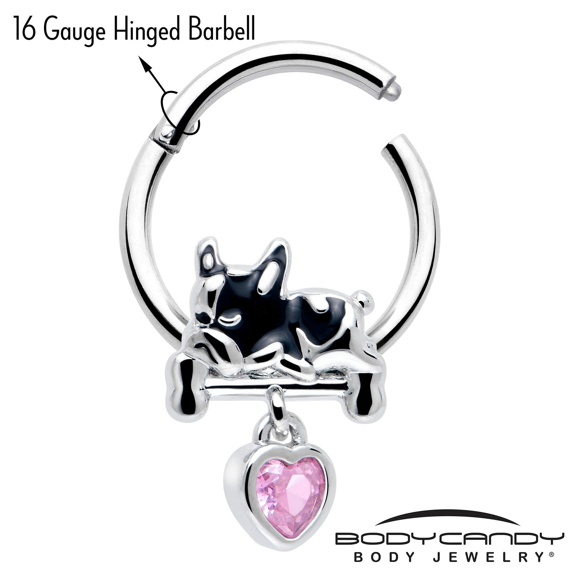 16G 3/8 Pink CZ Gem Sleepy French Bulldog Dangle Hinged Segment Ring