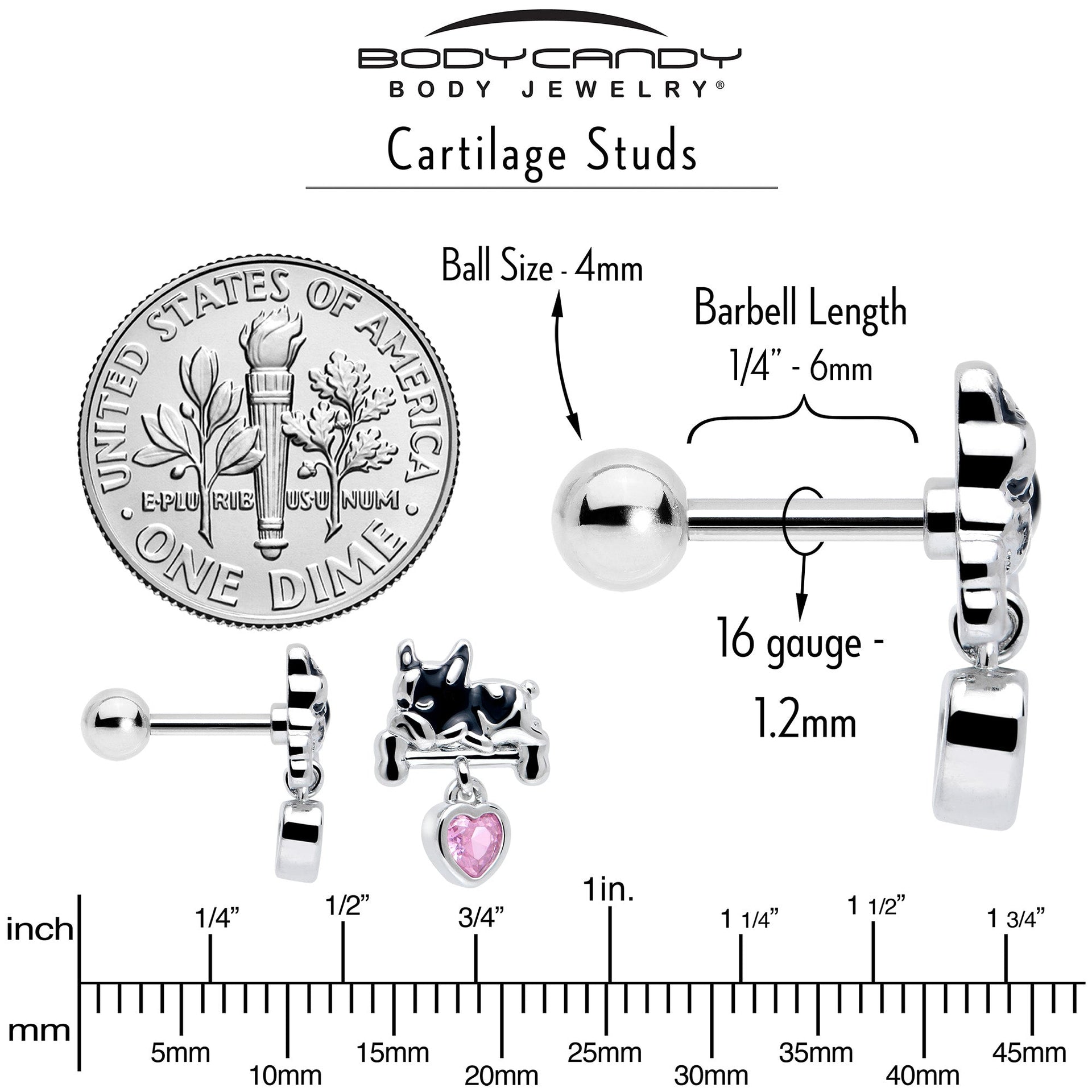 16G 1/4 Pink CZ Gem Sleepy French Bulldog Dangle Cartilage Earring