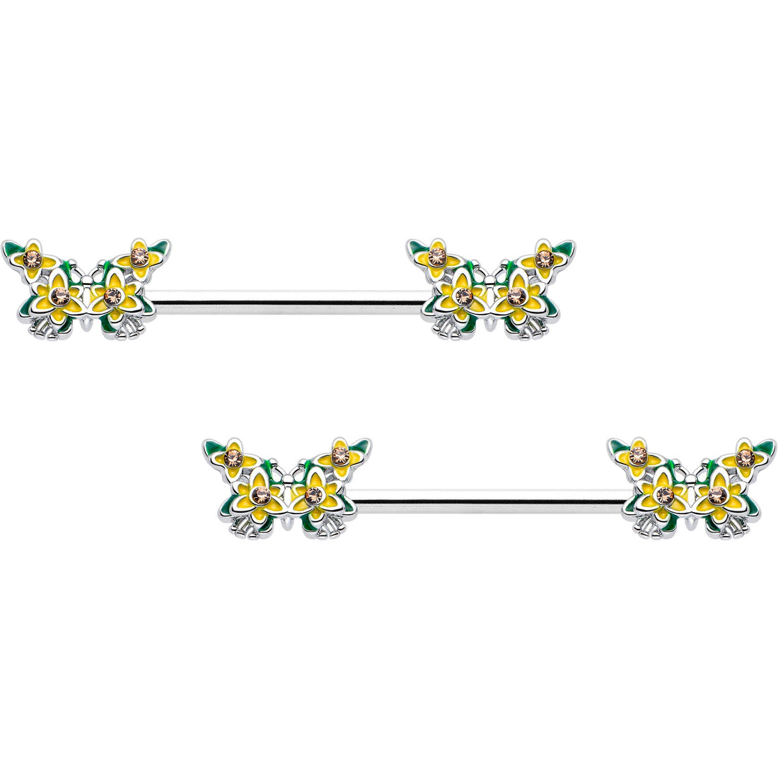 14G 9/16 Yellow CZ Gem Blooming Butterfly Barbell Nipple Ring Set