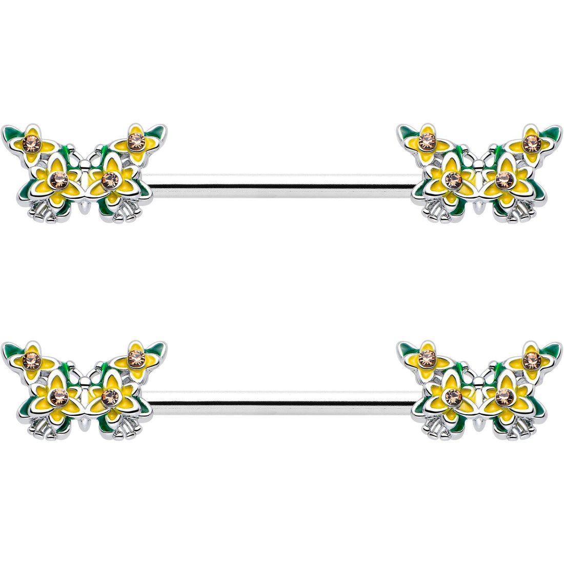 14G 9/16 Yellow CZ Gem Blooming Butterfly Barbell Nipple Ring Set