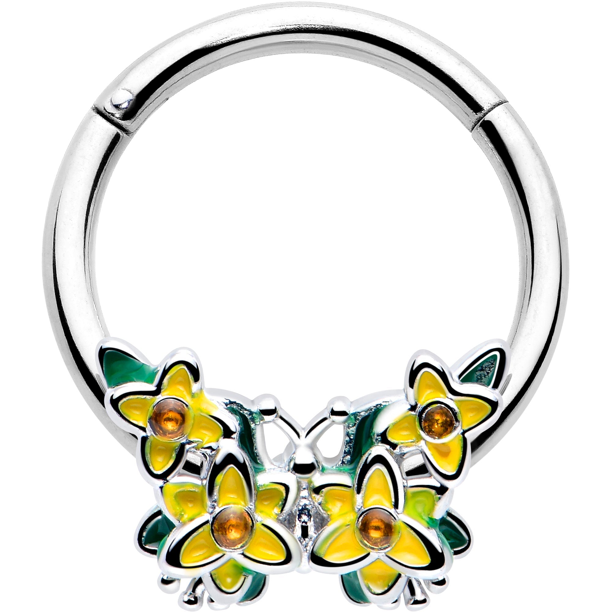 16G 3/8 Yellow CZ Gem Blooming Butterfly Hinged Segment Ring