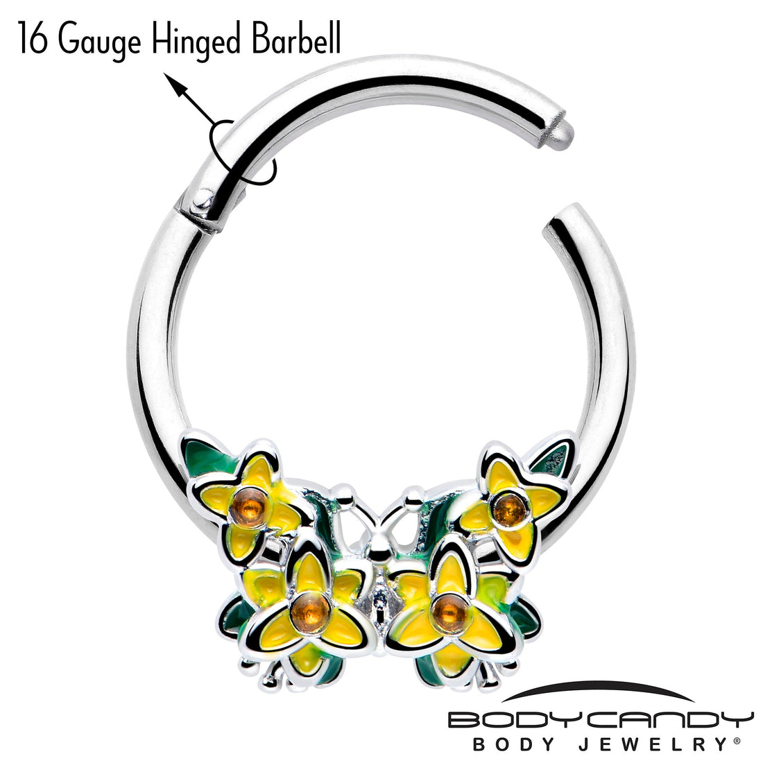 16G 3/8 Yellow CZ Gem Blooming Butterfly Hinged Segment Ring