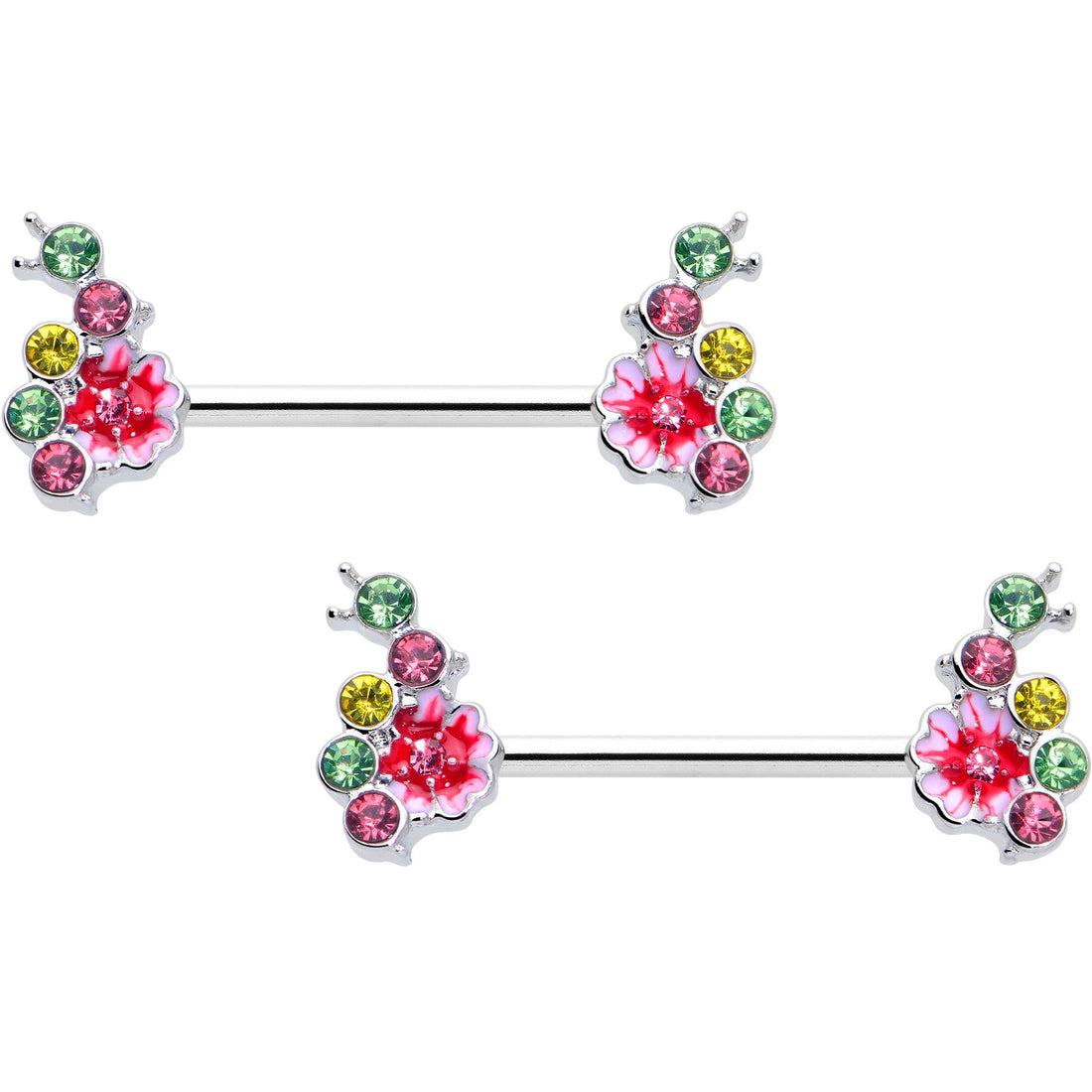 14G 9/16 Green Pink Gem Caterpillar Flower Barbell Nipple Ring Set