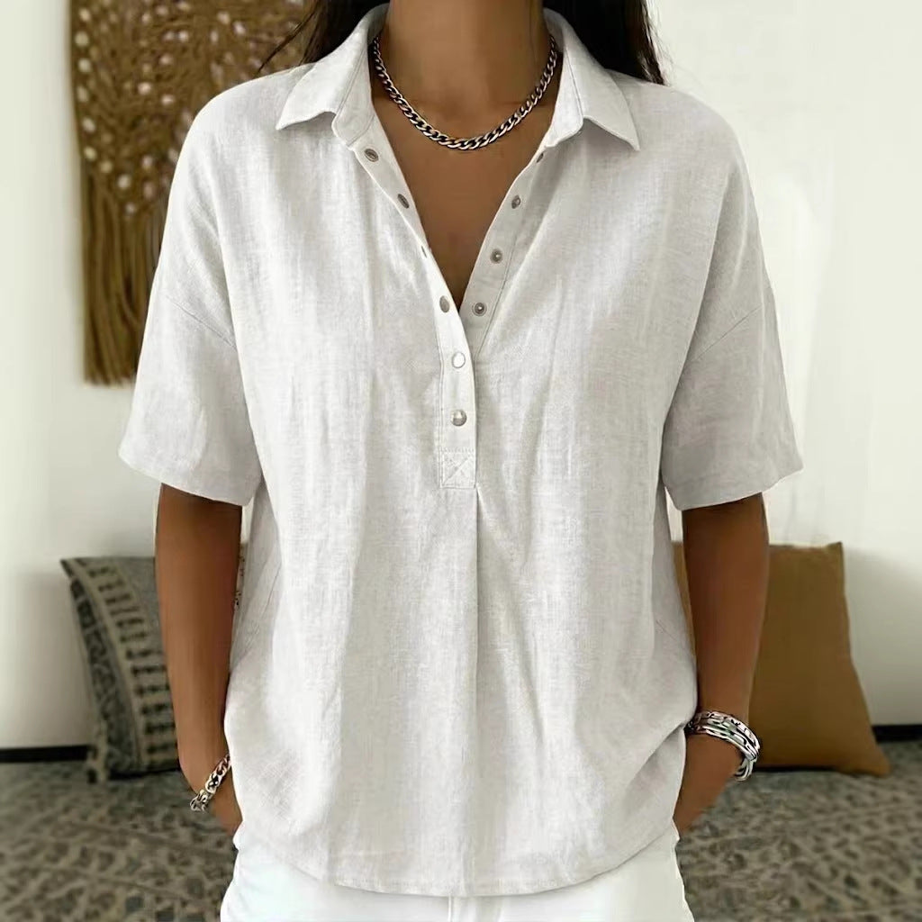 Women's Linen Short Sleeve Button Pullover Shirt