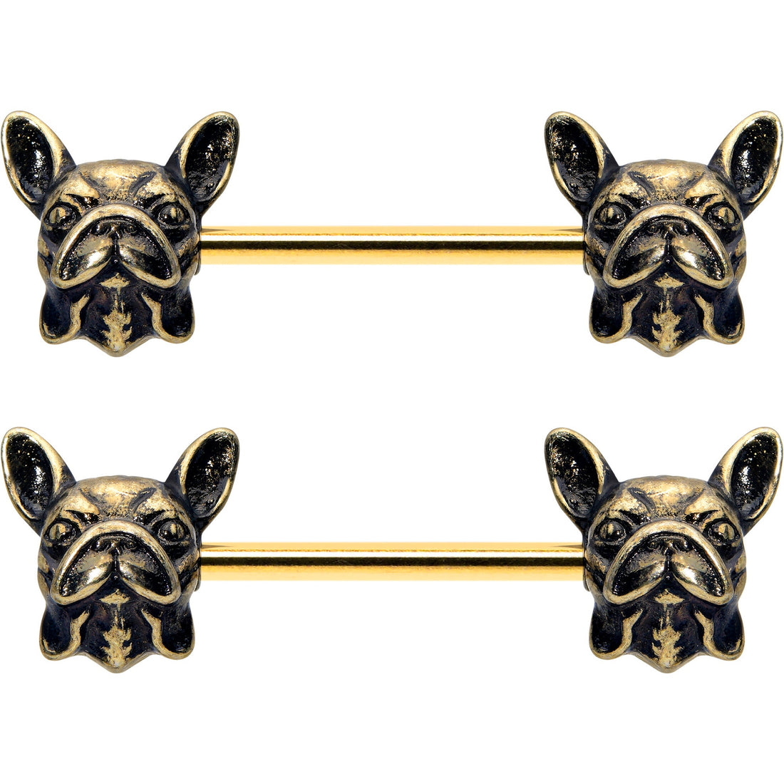 14G 5/8 Gold Tone Anodized French Bulldog Barbell Nipple Ring Set