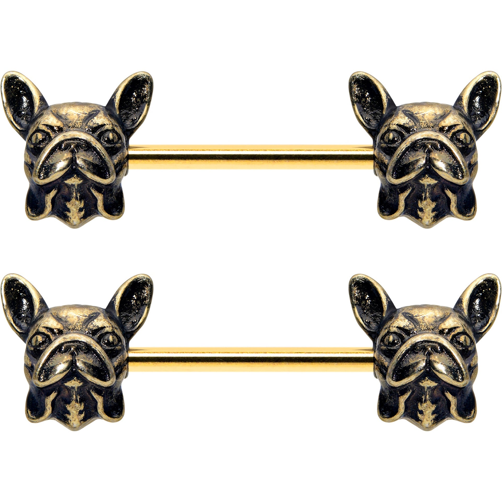 14G 5/8 Gold Tone Anodized French Bulldog Barbell Nipple Ring Set