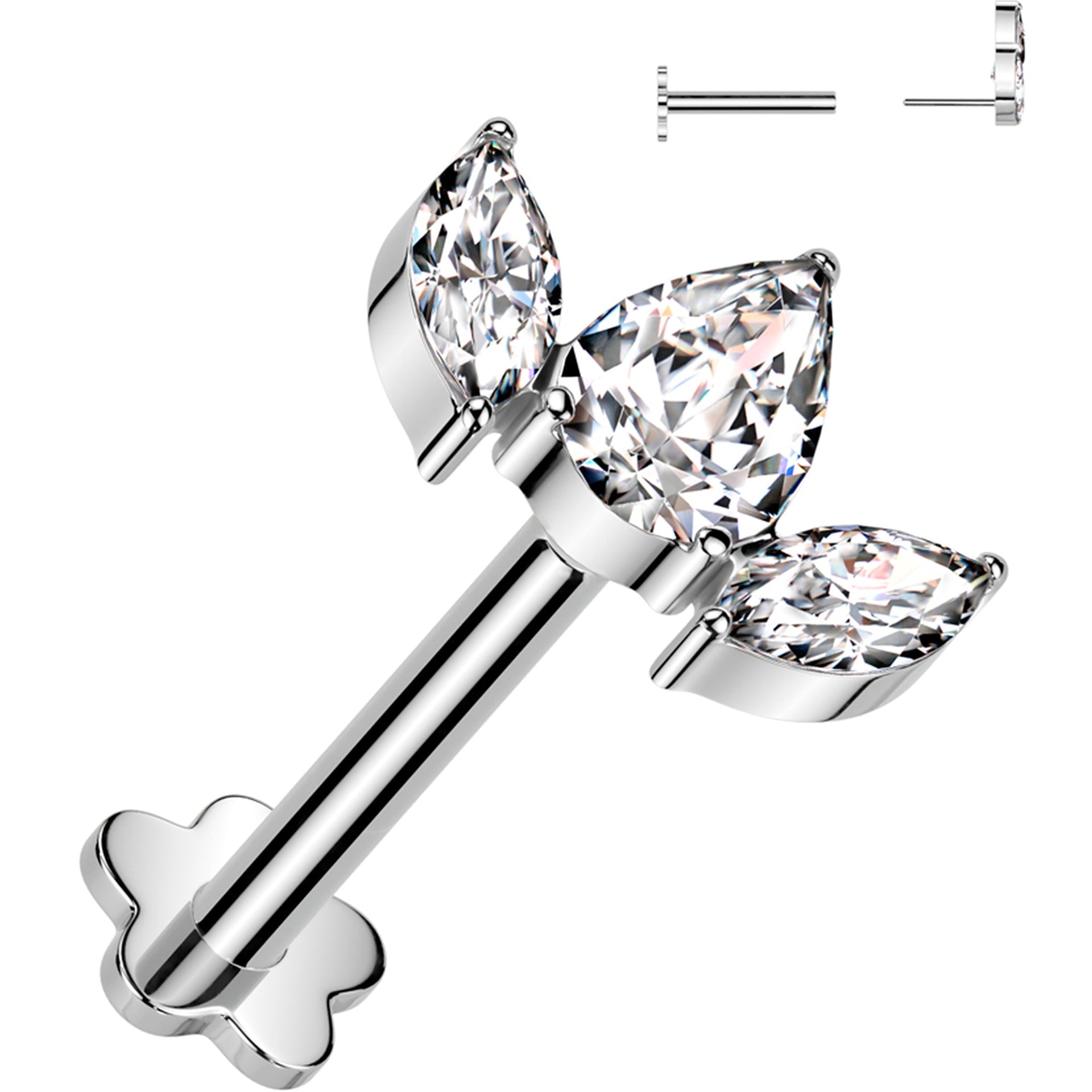 18G 5/16 Clear CZ Gem Oval Trio Medical Grade Titanium Reversible Flat Back Earring