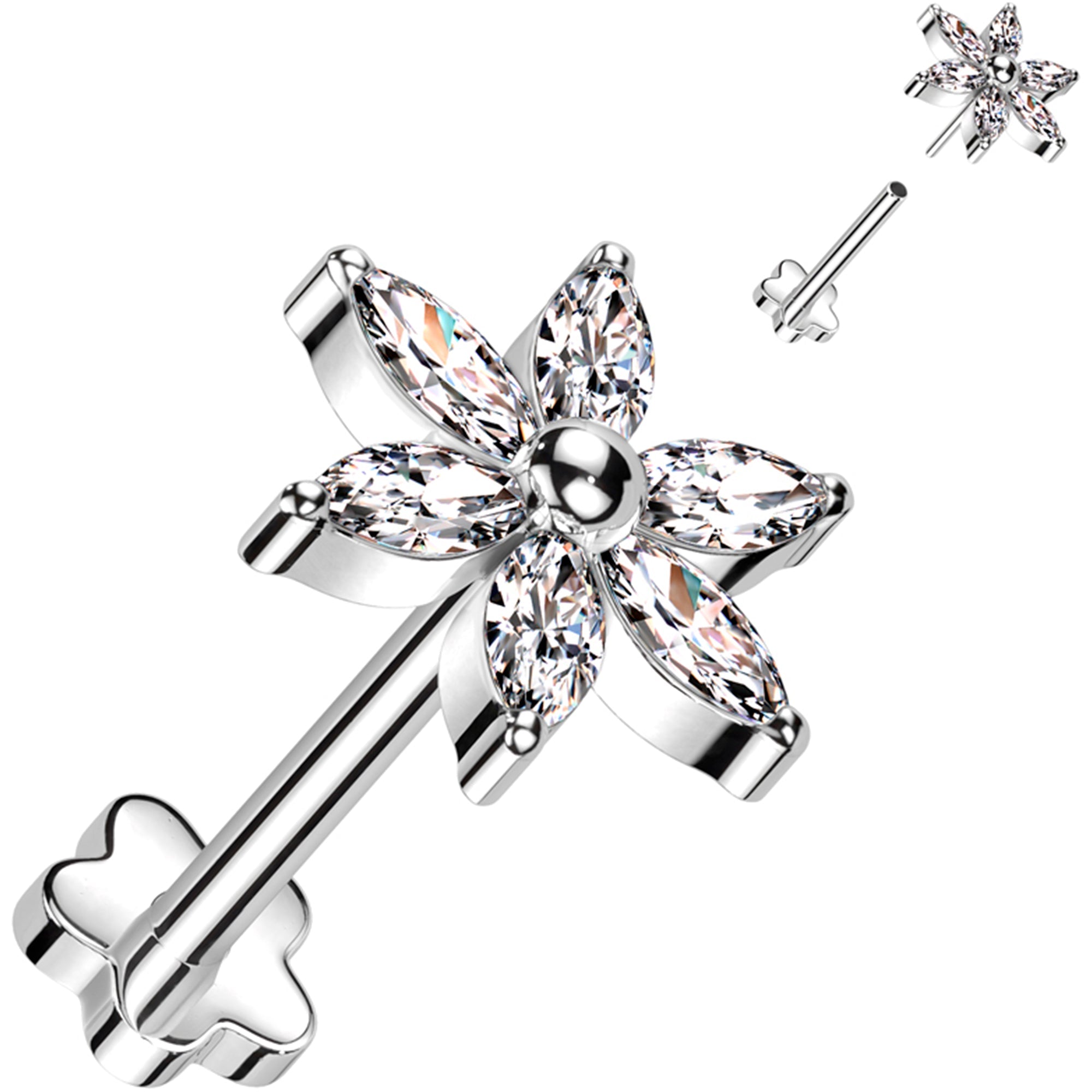 18G 5/16 Clear CZ Gem Style Flower Medical Grade Titanium Reversible Flat Back Earring