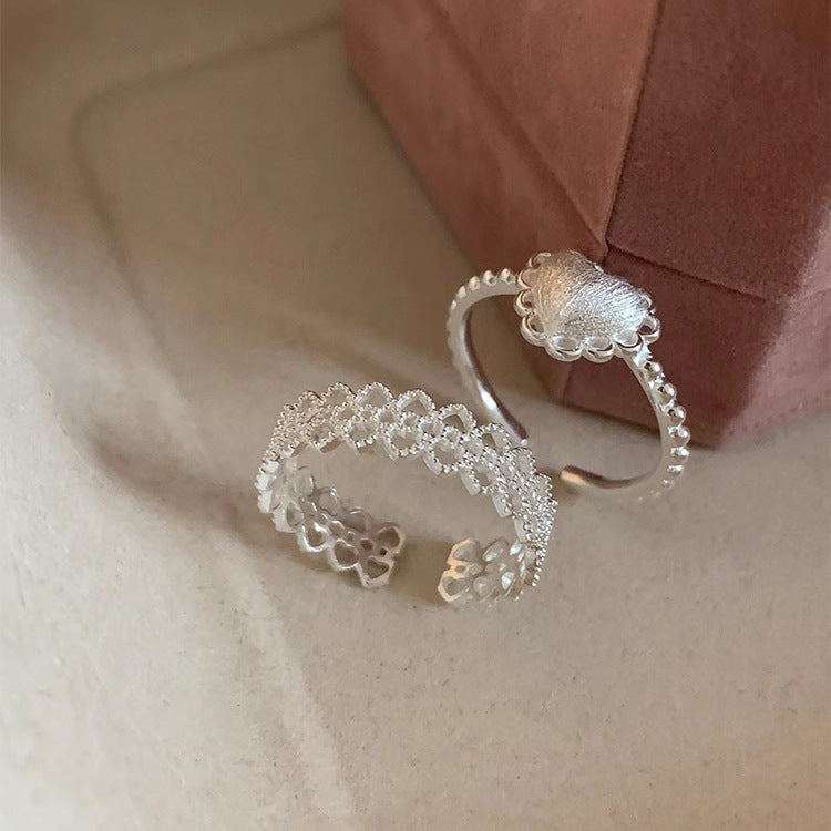 S925 Sterling Silver Brushed Love Heart Ring For Women, INS Korean Sweet Style, Versatile Niche Lace Edge Open Ring