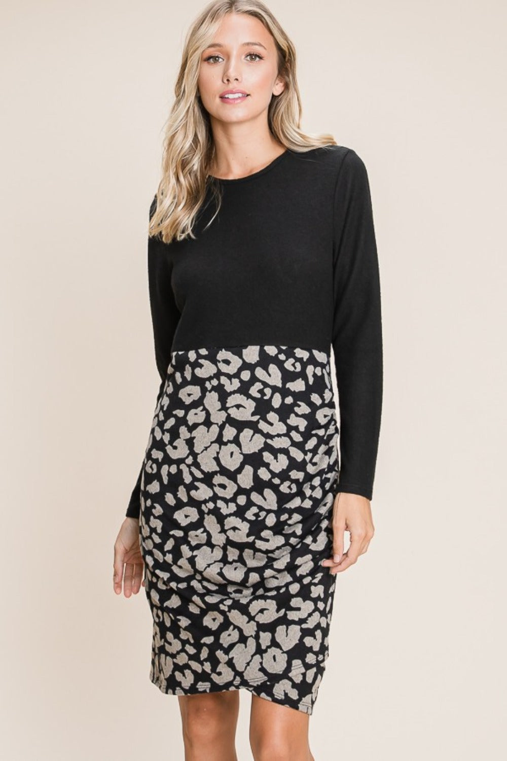 Leopard print and color block knit long sleeve dress