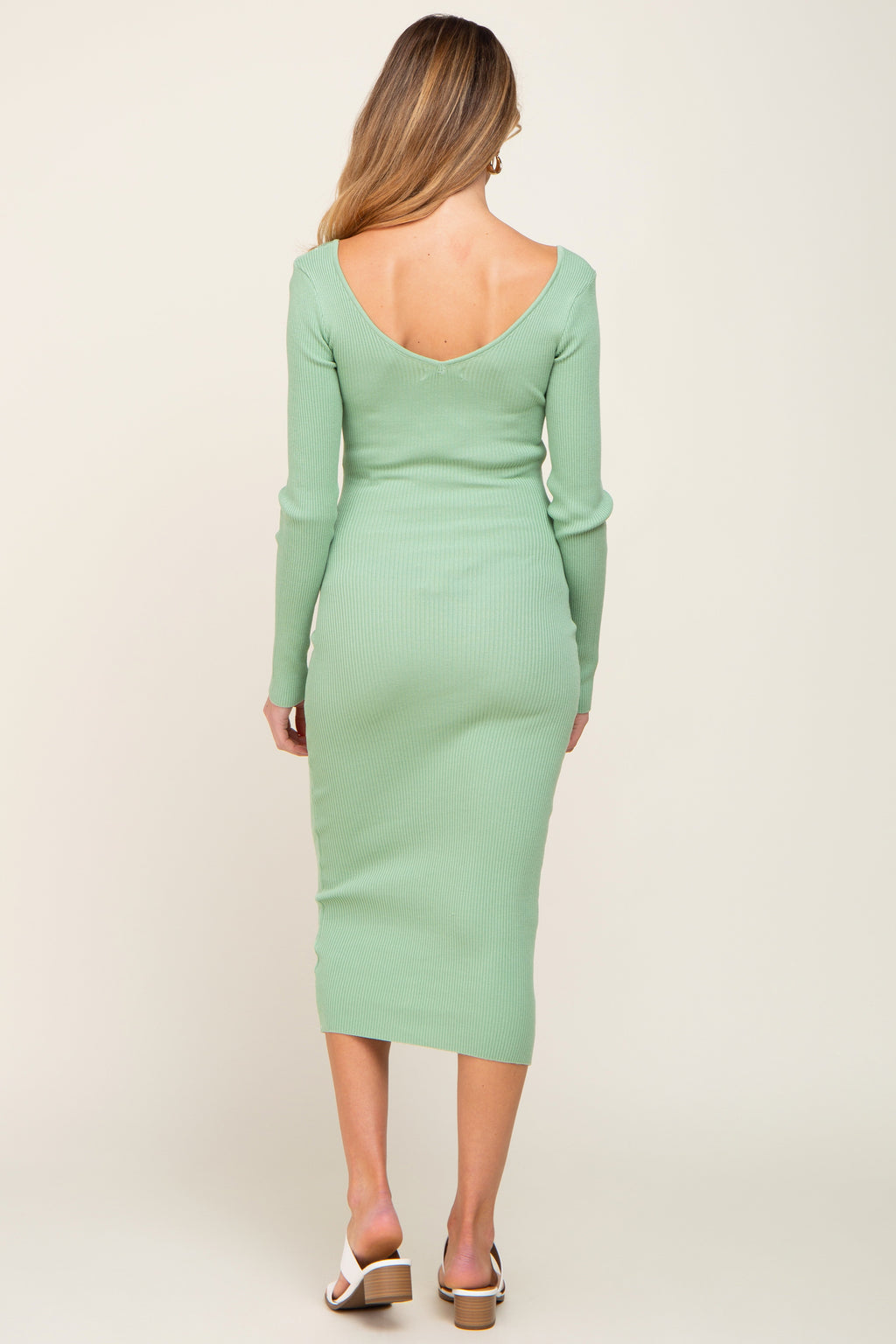 Mint Green Knit Ribbed Maternity Midi Dress with Long Sleeves