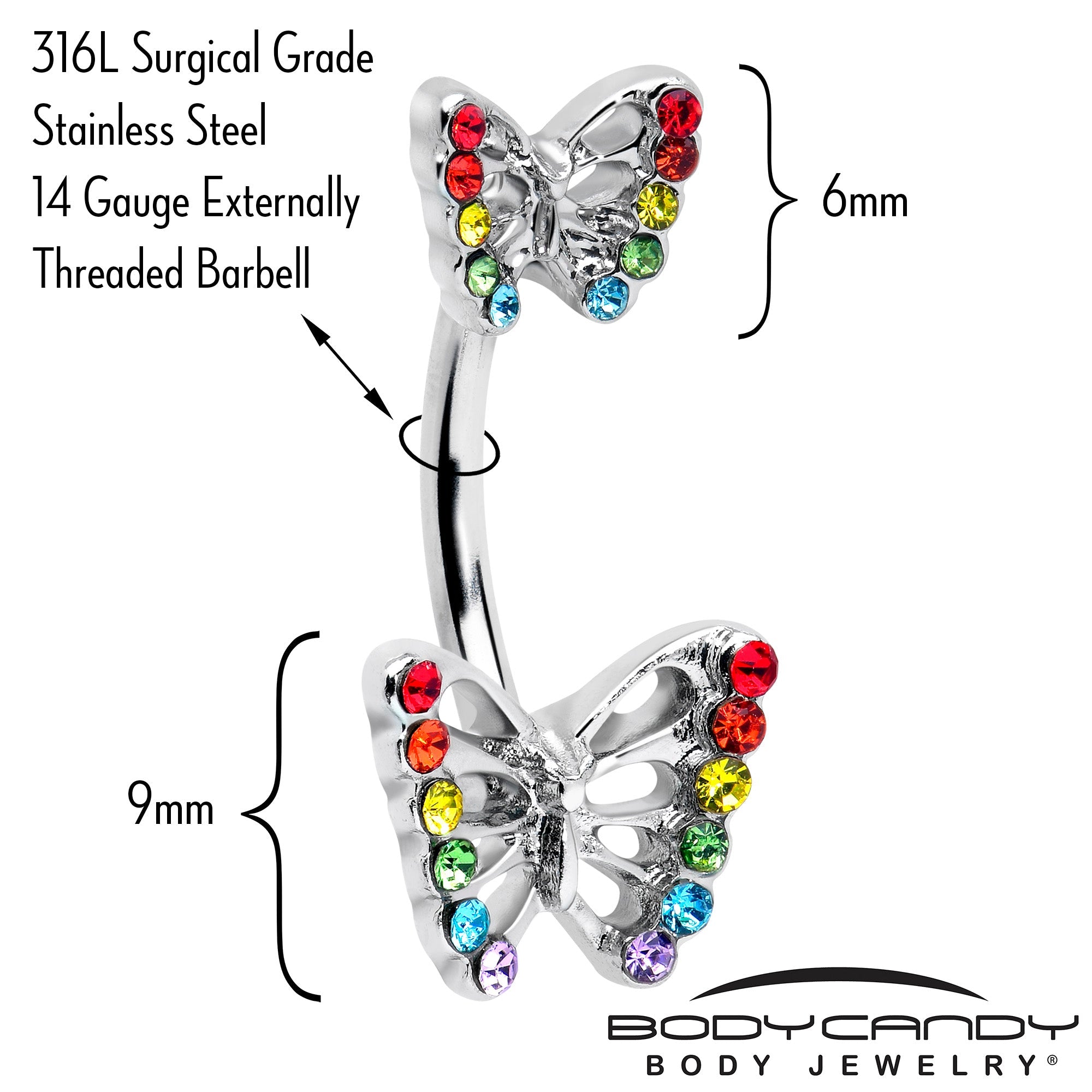 Rainbow Gem Pride Open Butterfly Double Mount Belly Ring