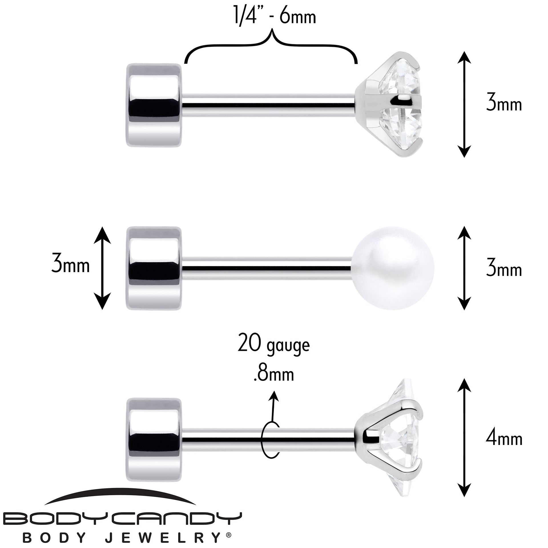 20G Clear Gem White Orb Flatback Earring Set of 6