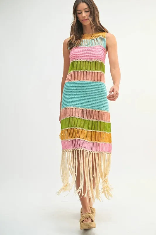 Multi Color Fringed Crochet Knit Mini Dress