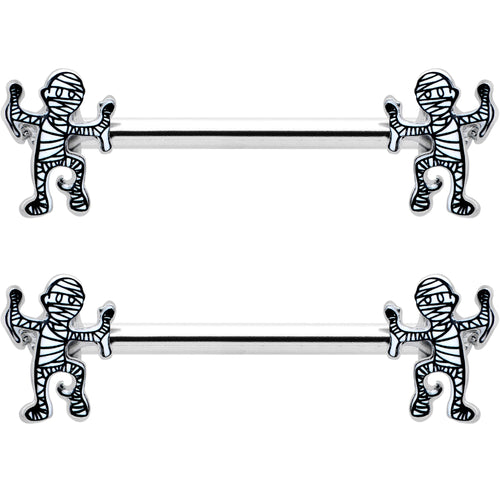 14G 9/16 Two Tone Halloween Mummy Barbell Nipple Ring Set