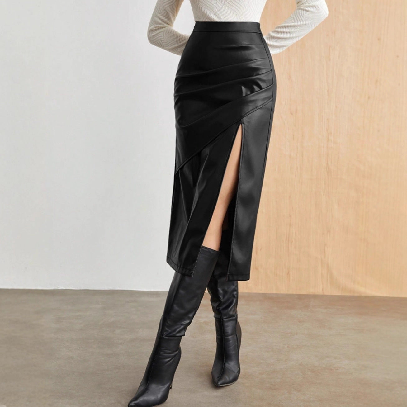 Solid High-Waisted Faux Leather Split Midi Skirt - Image 3