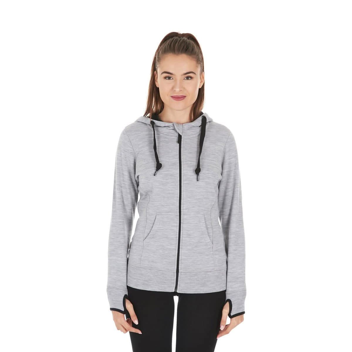 Women's brushed merino wool full-zip hoodie with thumb holes and hood in grey or black