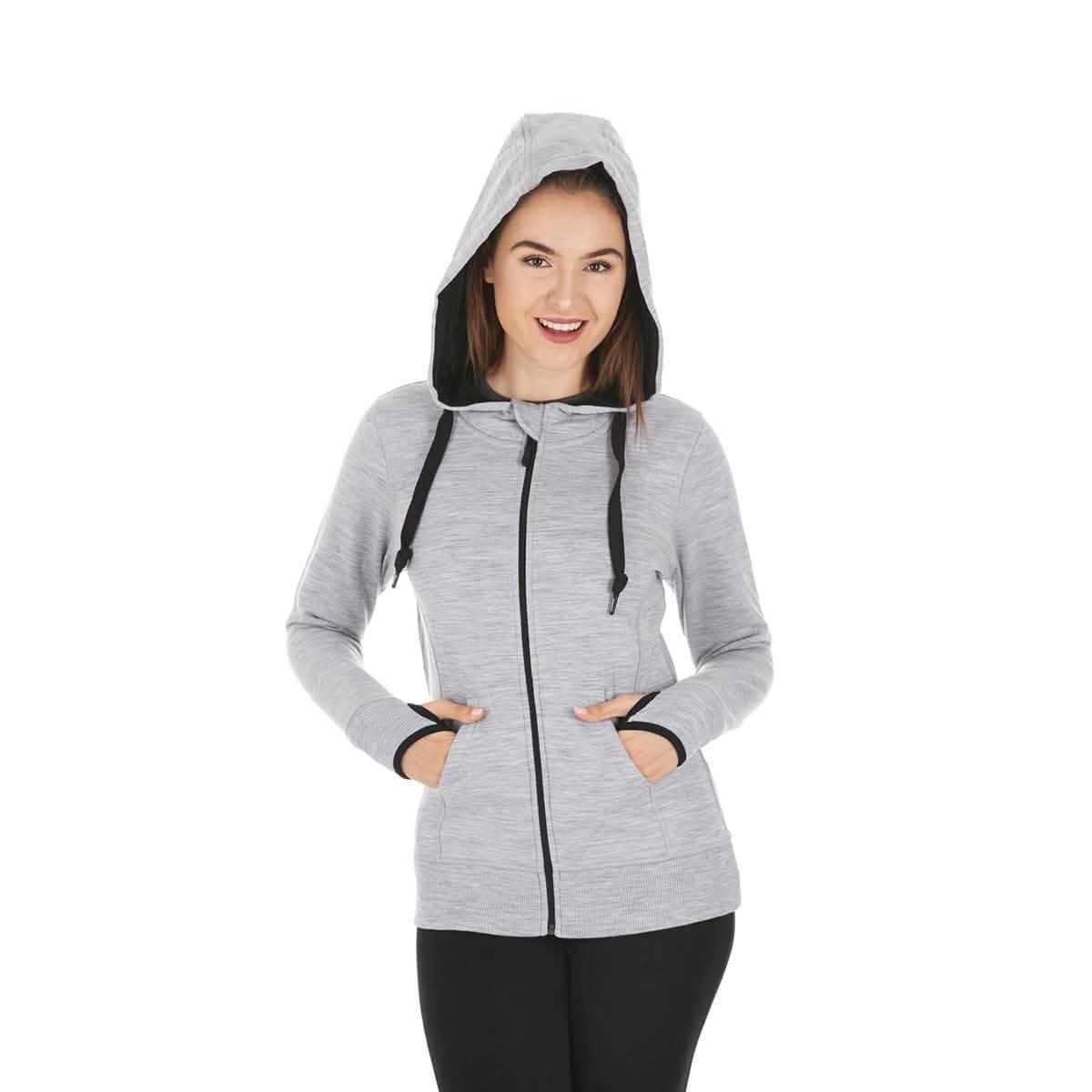 Women's Brushed Merino Wool Full-Zip Hoodie in Grey and Black