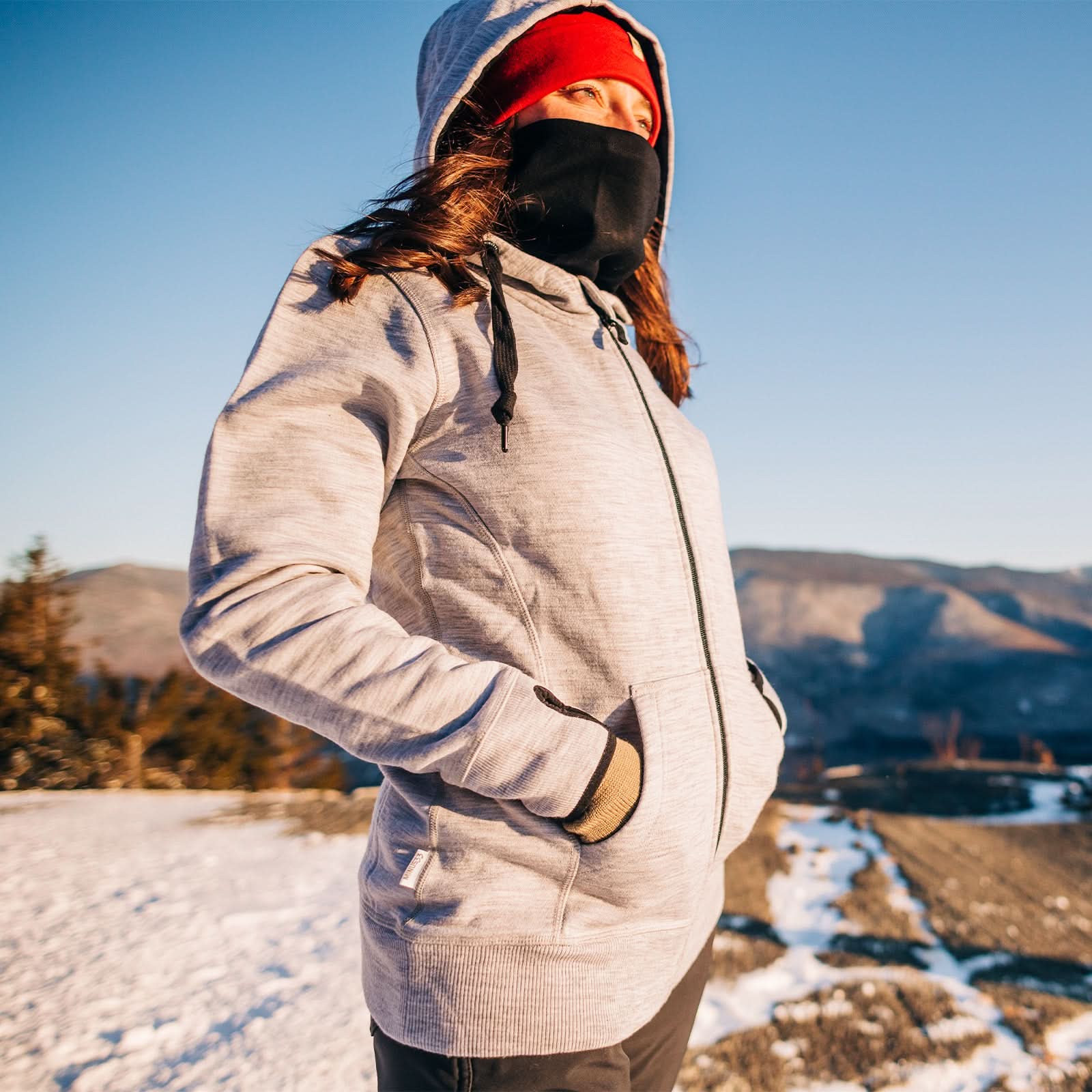 Women's Brushed Merino Wool Full-Zip Hoodie in Grey and Black
