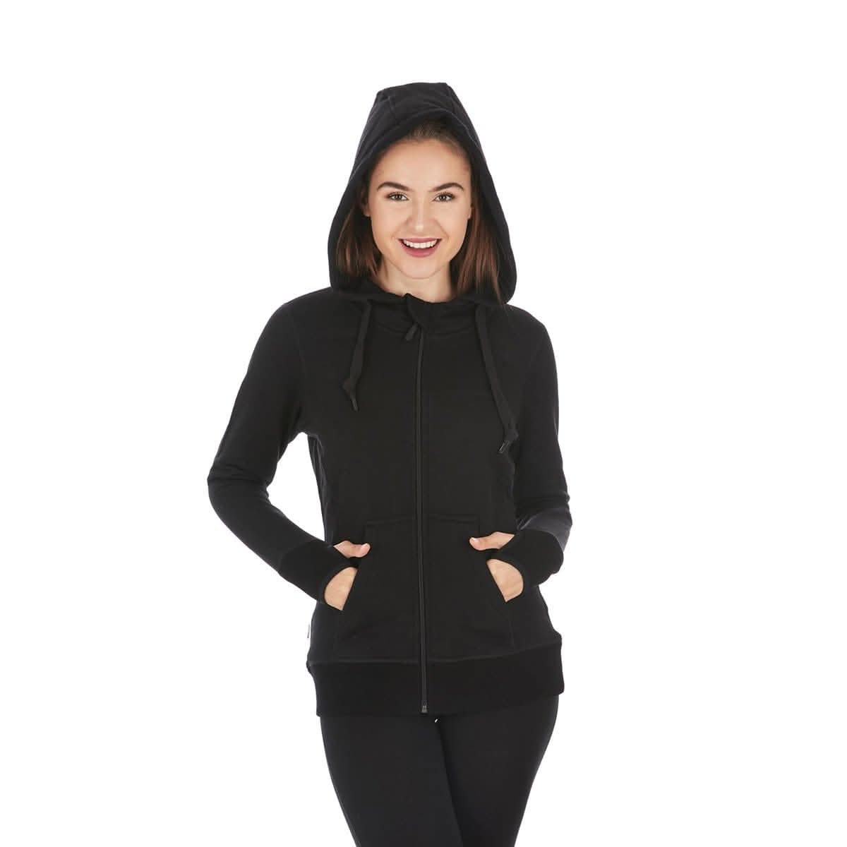 Women's Brushed Merino Wool Full-Zip Hoodie in Grey and Black