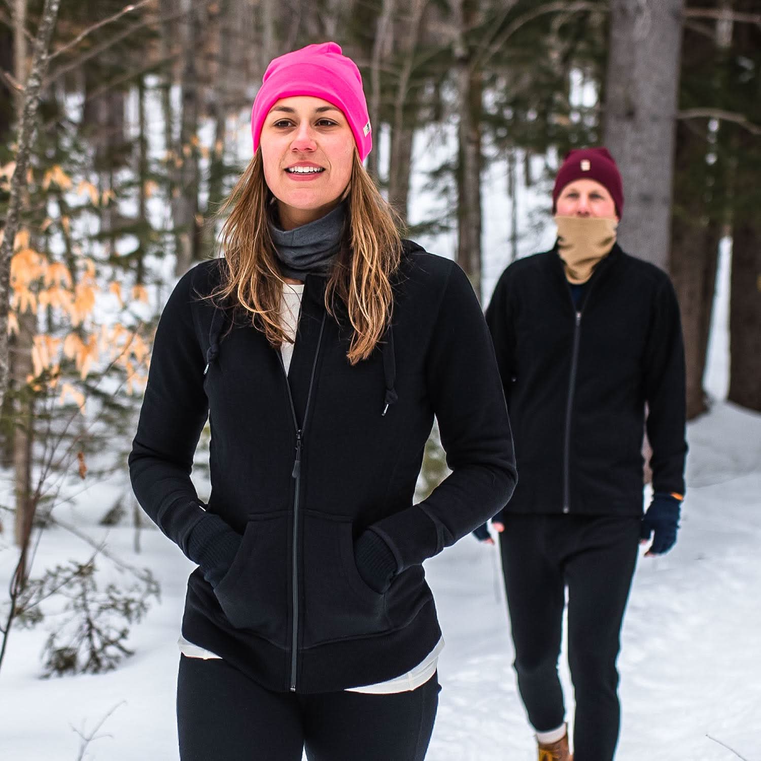 Women's Brushed Merino Wool Full-Zip Hoodie in Grey and Black