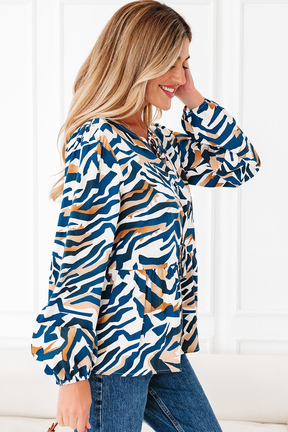 Zebra Print Tie Front Puff Sleeve Blouse