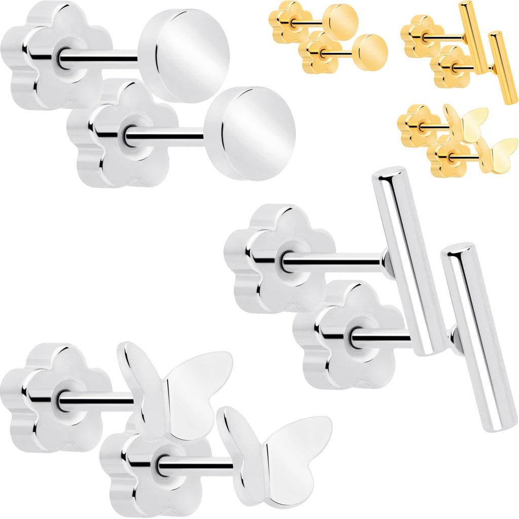 Set of 6 gold-tone and silver-tone flat back earrings featuring disc, bar, and butterfly designs.