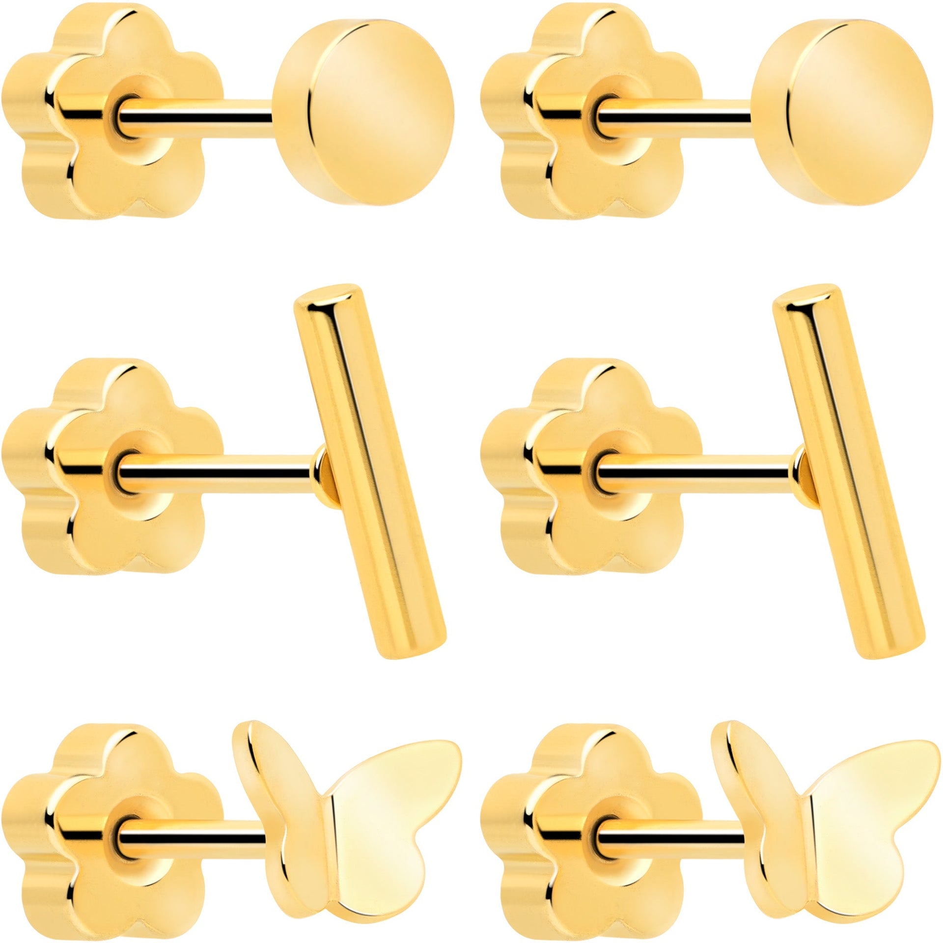 20G Flat Back Earring Set in Gold and Silver Tone Butterfly - Image 2
