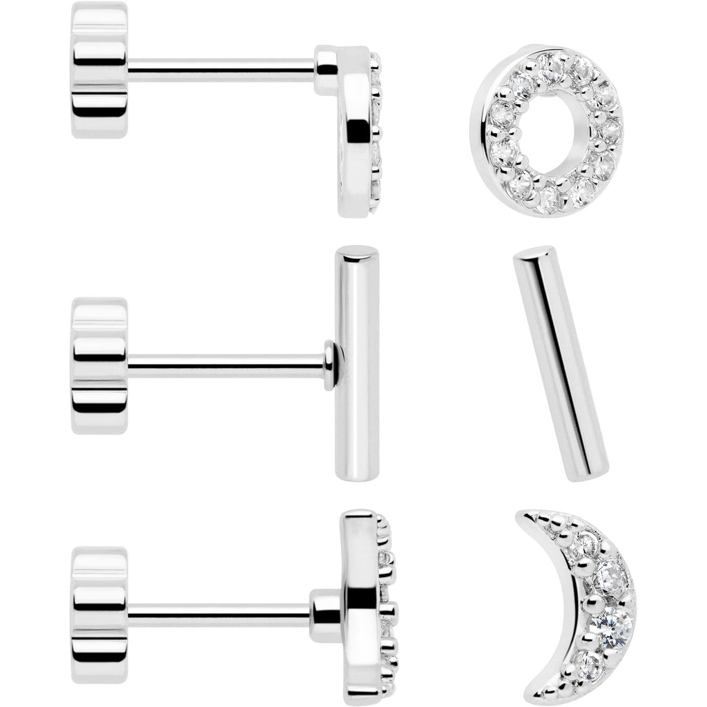 20G CZ Gem Moon Circle and Bar Flat Back Earring Set of 6 - Image 9