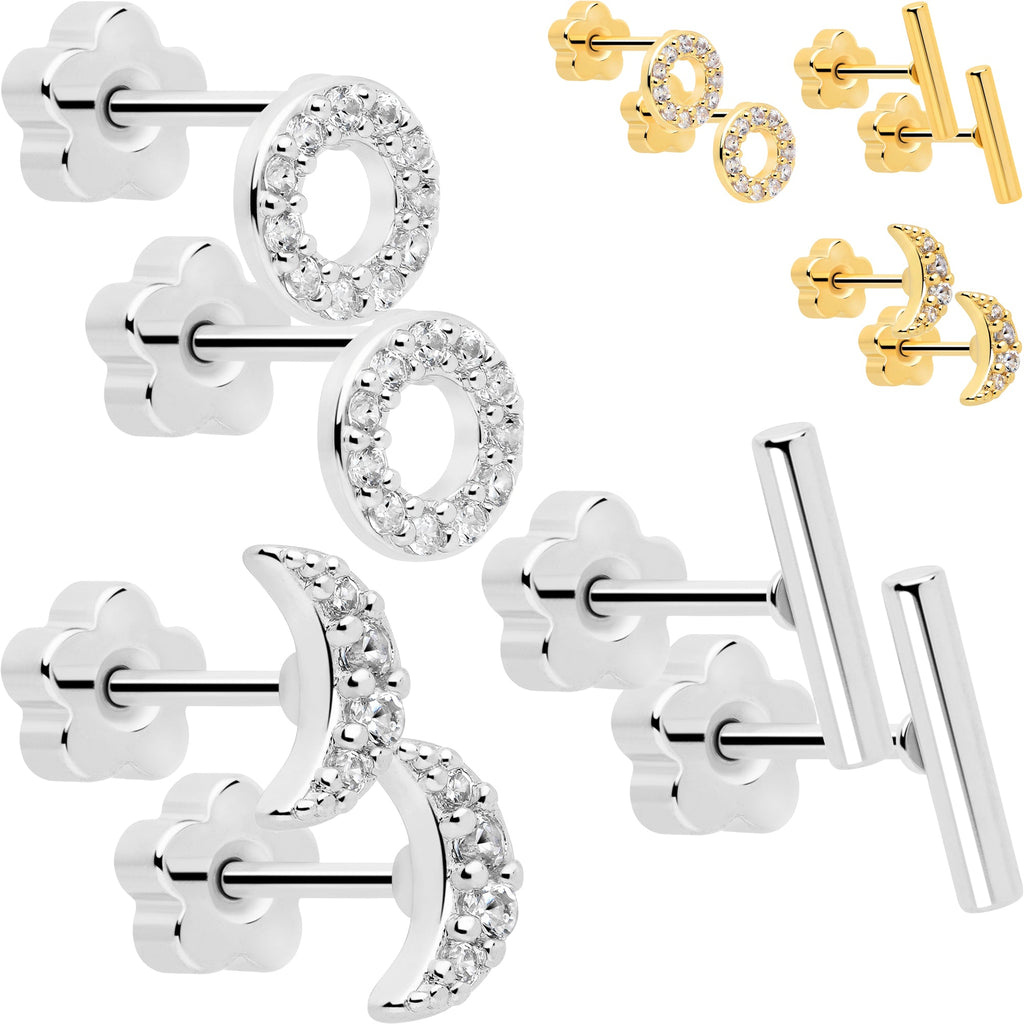 A set of 6 hypoallergenic 20G flat back earrings in gold-tone and silver-tone, featuring circle, moon, and bar shapes with clear CZ gems.