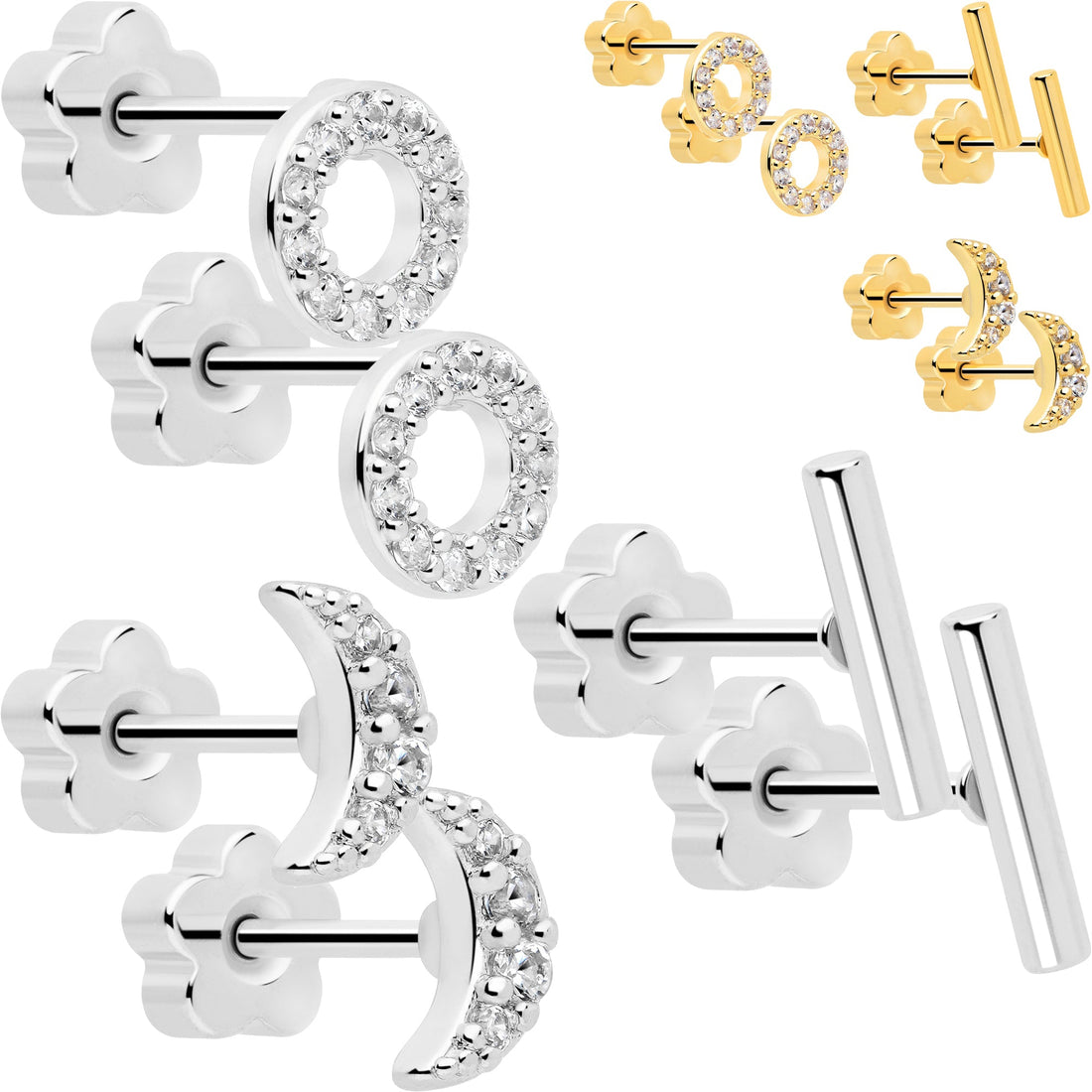 A set of 6 hypoallergenic 20G flat back earrings in gold-tone and silver-tone, featuring circle, moon, and bar shapes with clear CZ gems.