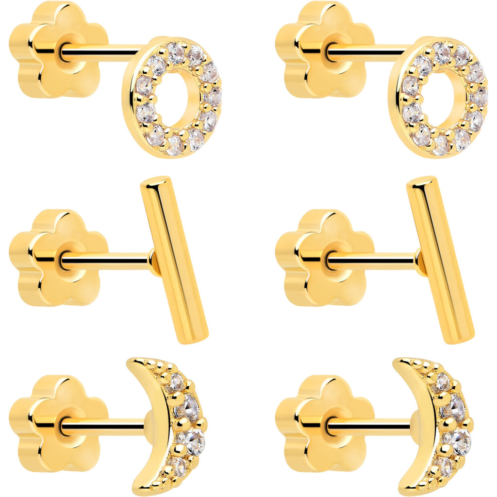 20G CZ Gem Moon Circle and Bar Flat Back Earring Set of 6 - Image 2