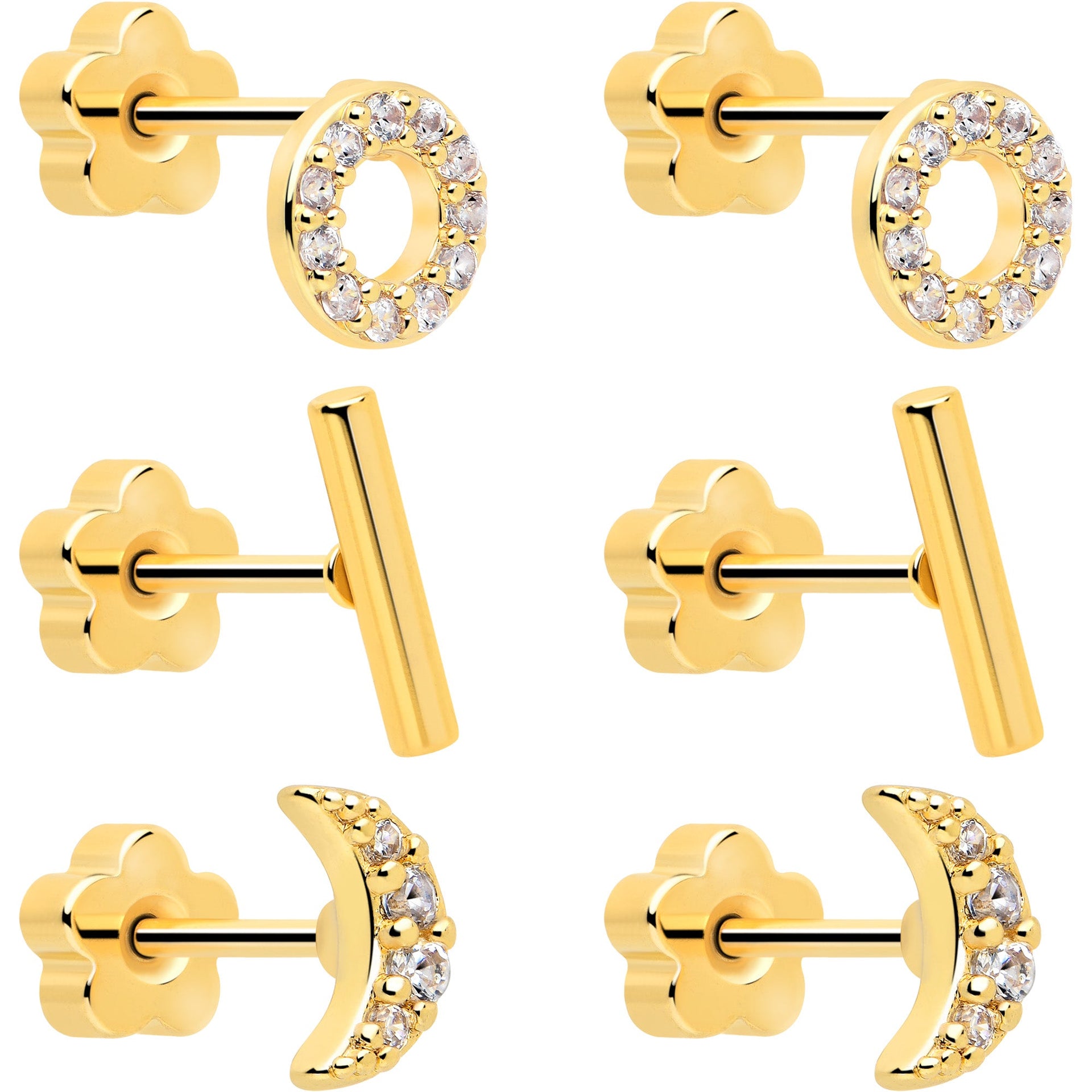 20G CZ Gem Moon Circle and Bar Flat Back Earring Set of 6 - Image 2