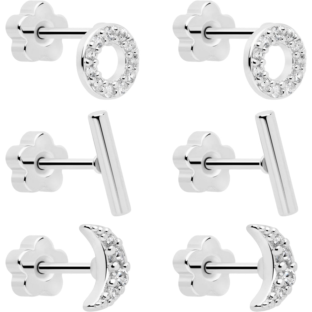 20G CZ Gem Moon Circle and Bar Flat Back Earring Set of 6 - Image 10