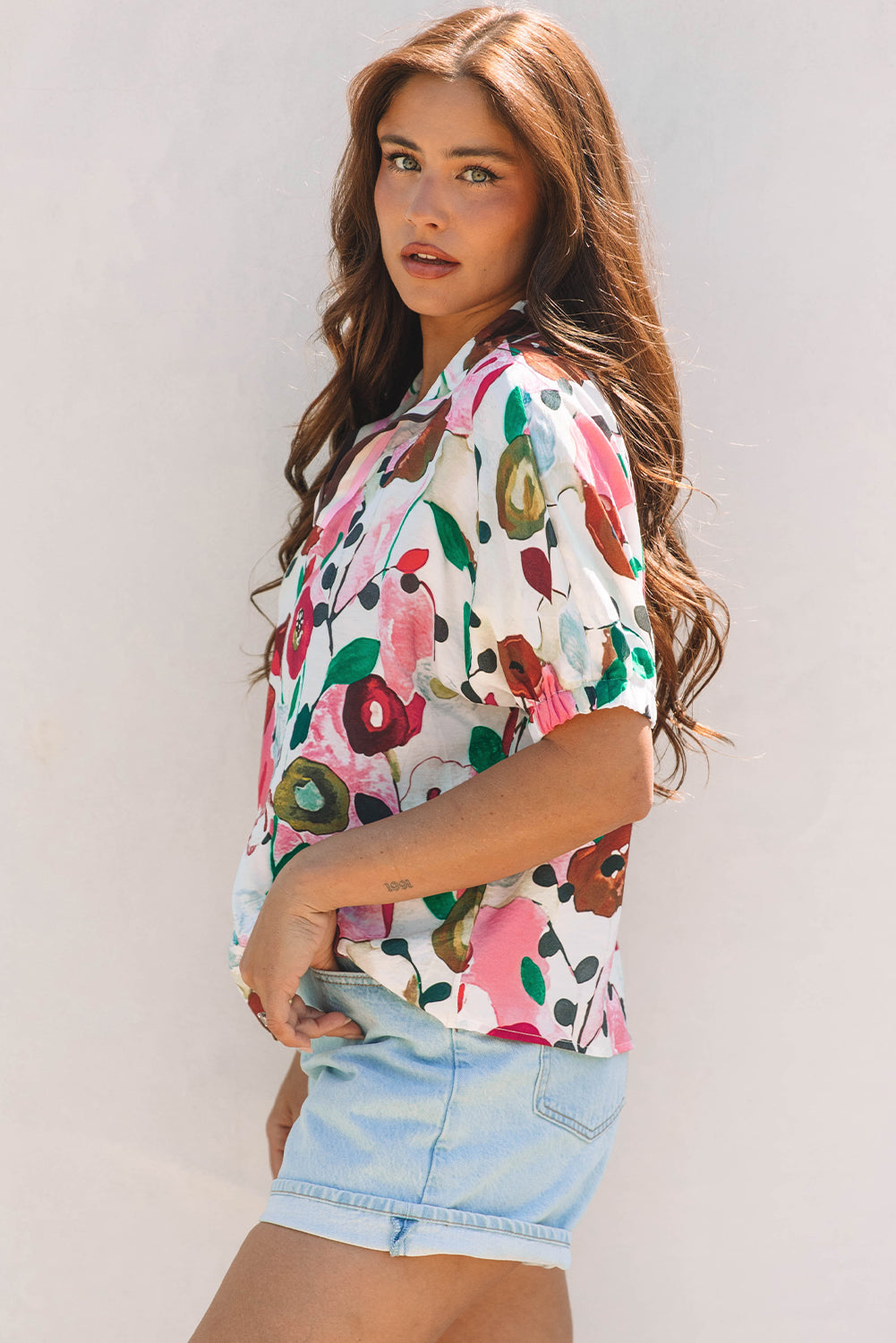 Floral V-Neck Short Sleeve Blouse with Relaxed Fit