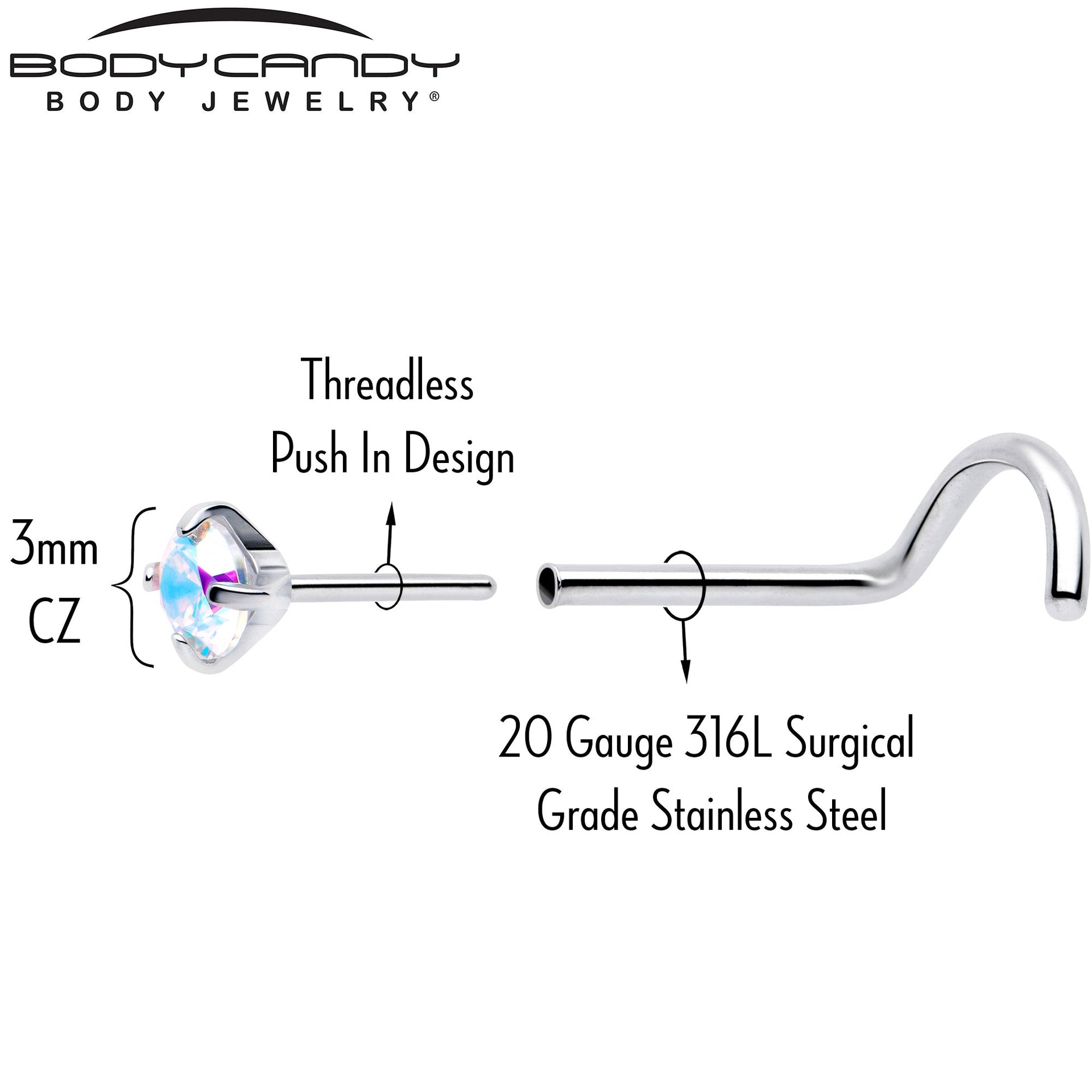20G 3mm CZ Prong Set Push-In Threadless Nose Screw Nose Ring