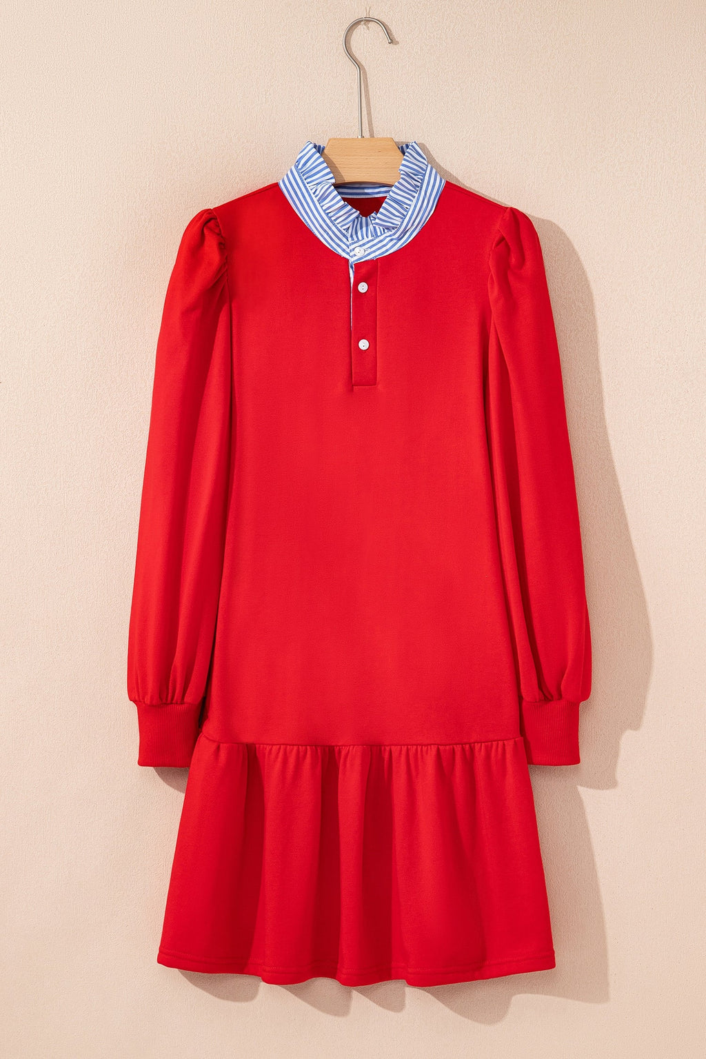 Fiery Red Striped Collar Puff Sleeve Mini Dress | Cotton