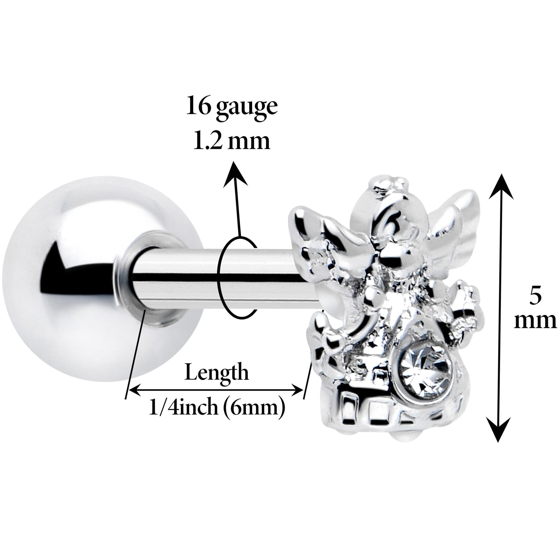 16G Angel Tragus Stud with Clear CZ Gem in Stainless Steel - Image 2