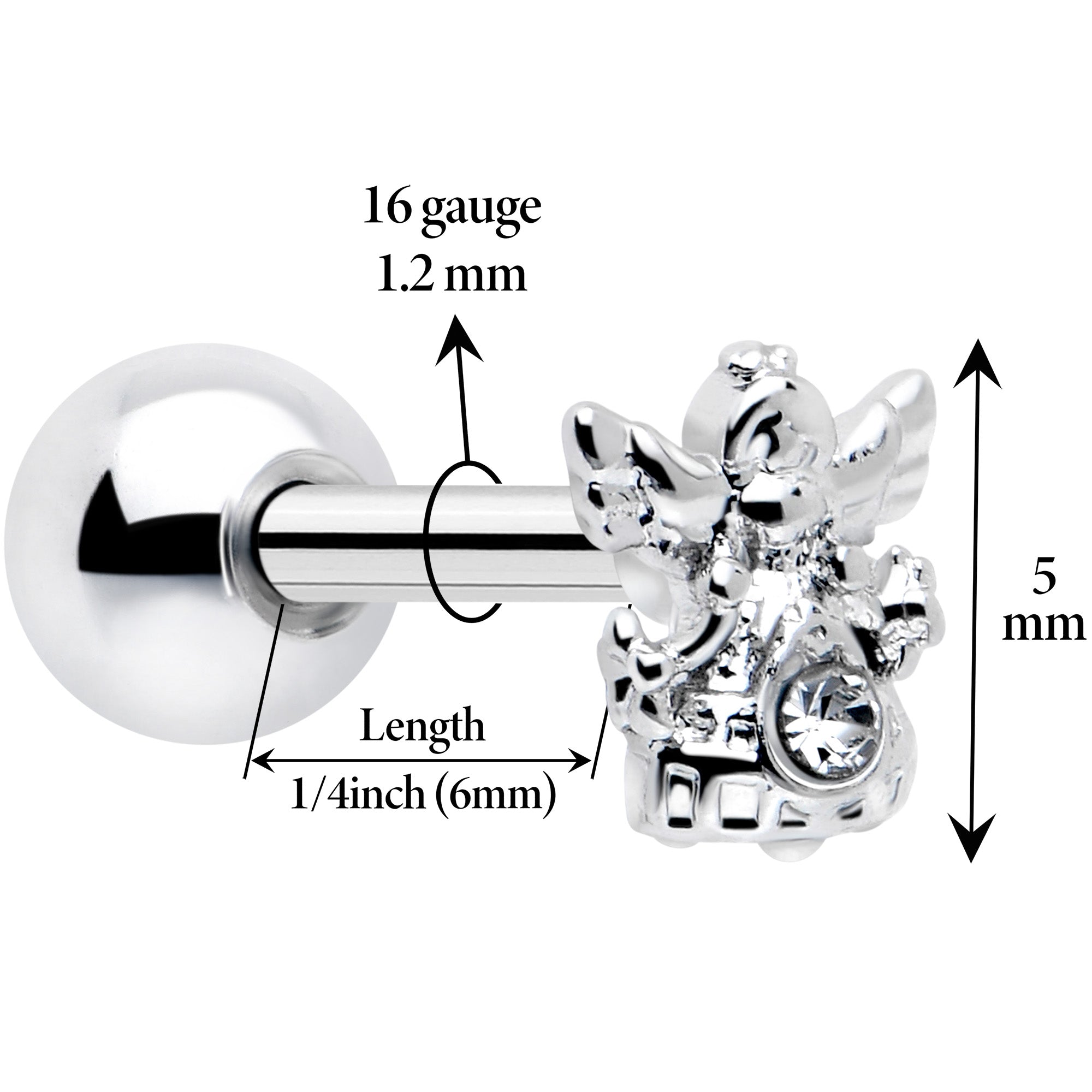 16G Angel Tragus Stud with Clear CZ Gem in Stainless Steel - Image 2