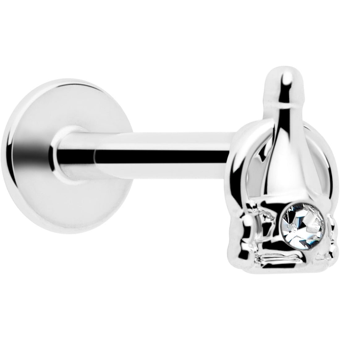 Silver-tone 16 gauge labret piercing featuring a champagne bottle charm with a clear inset gem