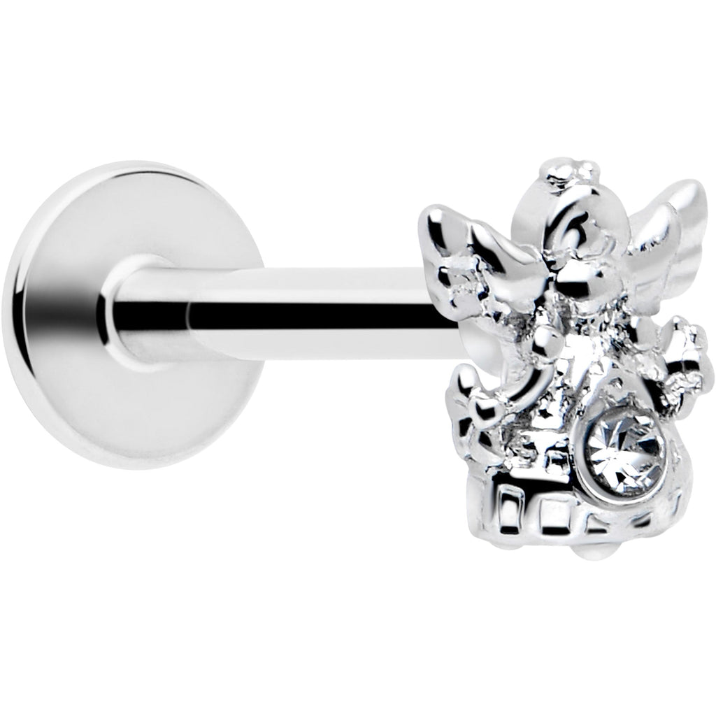 16G silver-tone labret barbell featuring an angel charm with a clear cubic zirconia gem.
