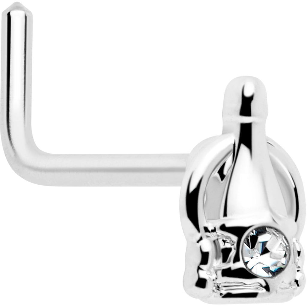 Silver tone champagne bottle nose ring with clear crystal accent on an L-shaped post