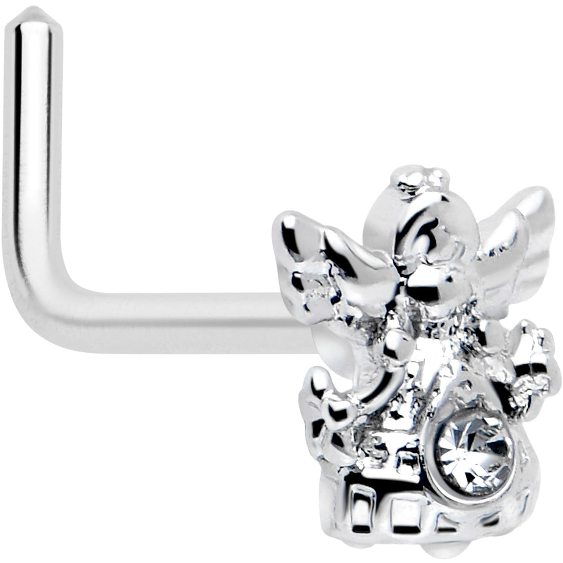 Silver-tone L-shaped nose ring with an angel charm and a clear cubic zirconia gemstone.