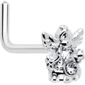 Silver-tone L-shaped nose ring with an angel charm and a clear cubic zirconia gemstone.