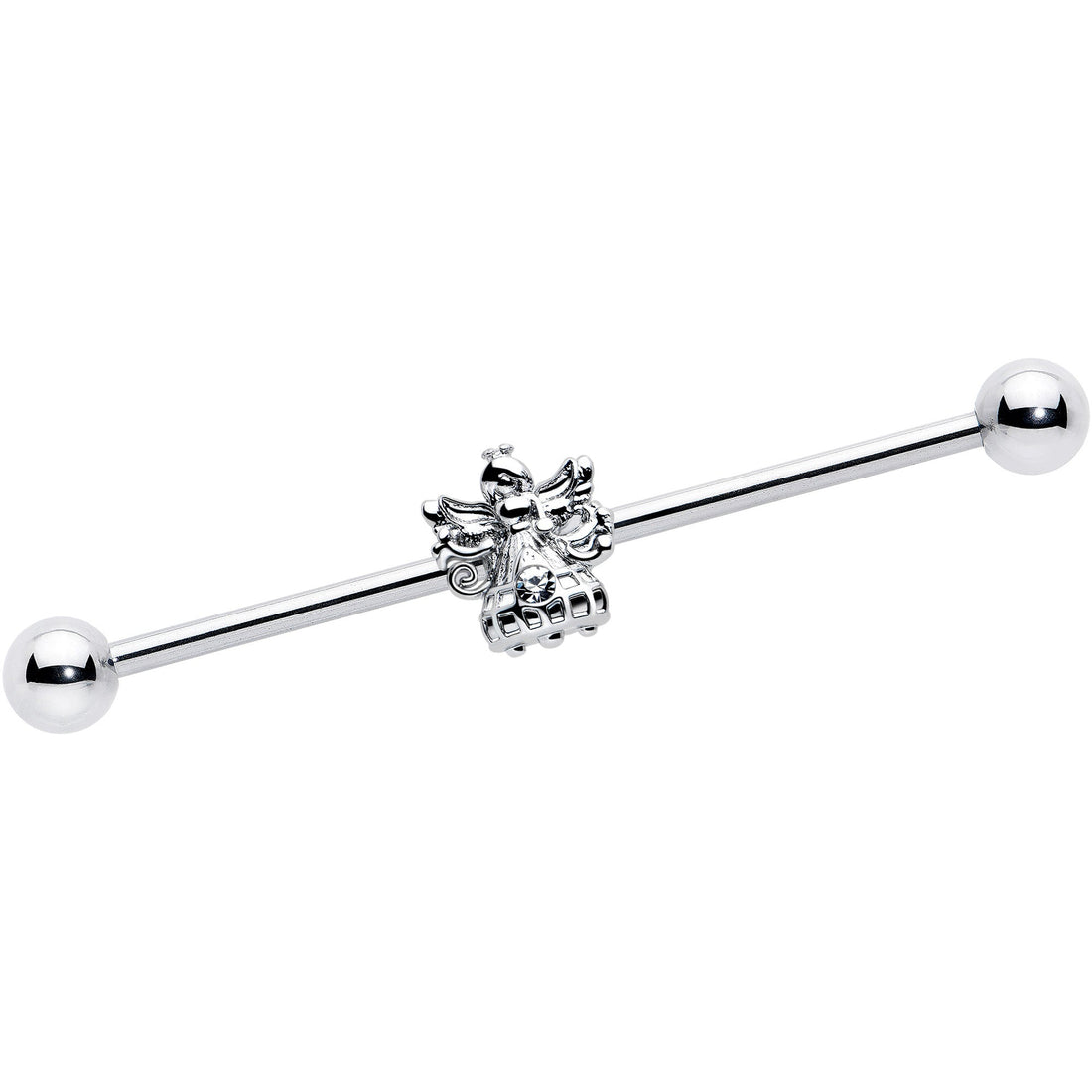 A 14 gauge industrial barbell with a silver-tone finish and an angel charm featuring a clear CZ gem in the center.